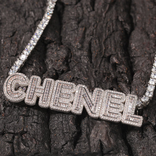 Name Necklace Baguette Letters With Tennis Chain Full Iced Out Zircon Pendant